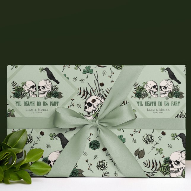 Papier Cadeau Mariage irlandais de la Saint-Patrick Gothique Fle (Modern Gothic Floral Skull Irish Wedding Wrapping Paper. St Patricks Day Wedding, Bridal Shower...)