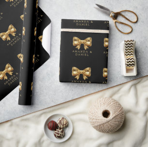 Papier Cadeau Mariage Luxe Noir et Or Ruban Doré