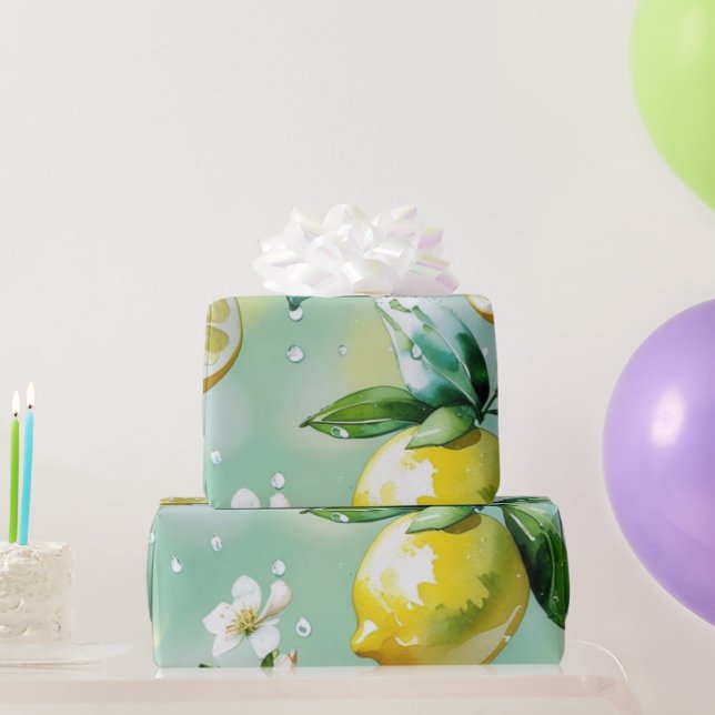 Papier Cadeau Mariage moderne bleu citron floral script (Cadeaux de fête)