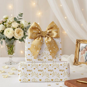 Papier Cadeau Mariage personnalisé blanc et or Monogramme