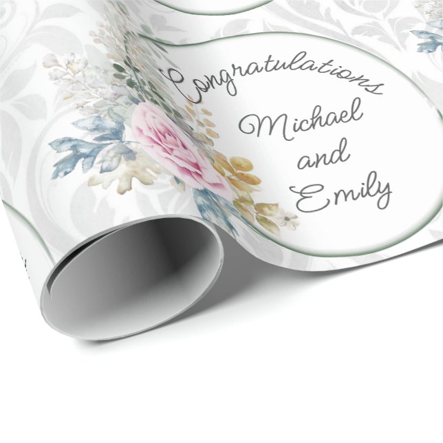 Papier Cadeau Mariage Personnaliser Aquarelle Rose Roses Damas (Coin rond)