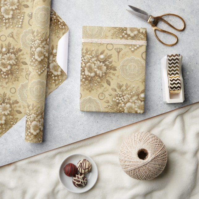 Papier Cadeau Mariage traditionnel de fleurs perles et dentelle (Artisanat)