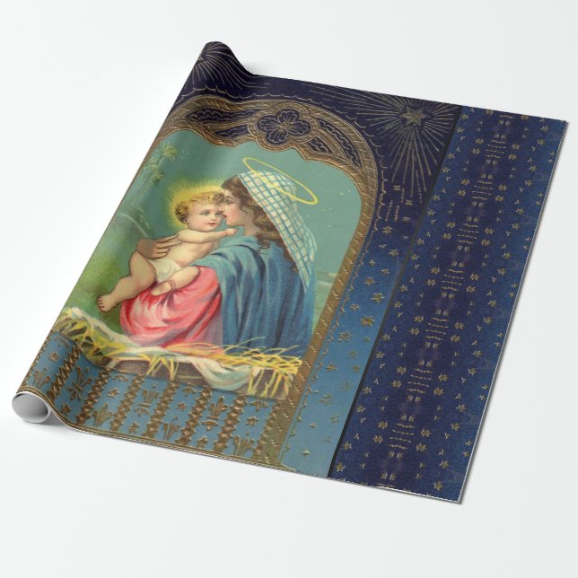 Papier Cadeau Marie tenant Le Bébé Jésus Enveloppant Papier (Déroulé)