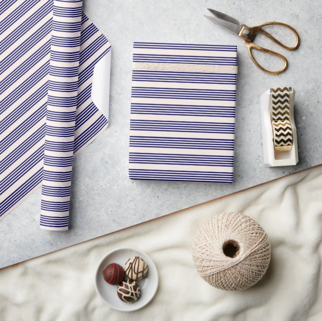 Papier Cadeau Marine bleu et beige cinq bandes motif (Artisanat)