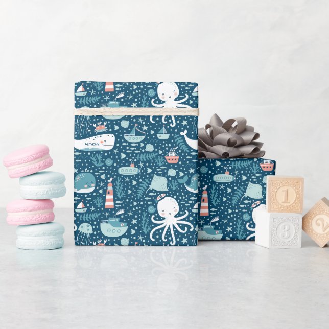 Papier Cadeau Marine Bleu et blanc Motif de l'océan marin (Baby Shower)