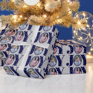 Papier Cadeau Marine bleu JOY et flocons de neige deux photo Noë