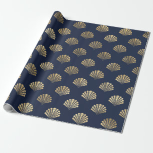 Papier Cadeau Marine Bleu Métallique Or Coques de mer Sirène