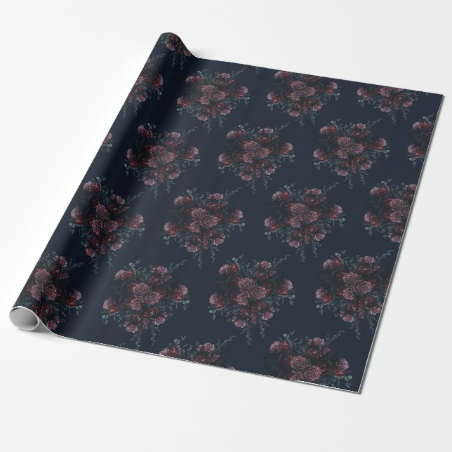 Papier Cadeau Marine Bleue Flore Élégant Mariage Maroon Mauve (Déroulé)