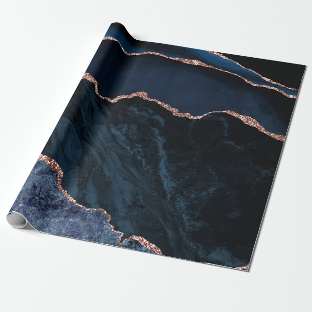 Papier Cadeau Marine Blue Agate Faux Rose Gold Parties scintilla (Déroulé)