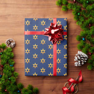 Papier Cadeau Marine Blue and White Hanoukka Golden David Star