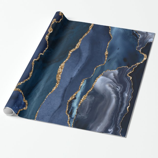 Papier Cadeau Marine Blue Gold Parties scintillant Foil Marbre G (Déroulé)