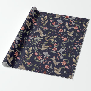 Papier Cadeau Marine Blue Woodland Animal Nature Motif botanique