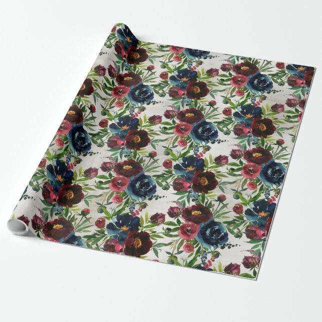 Papier Cadeau Marine Bordeaux Peonies Fleur Jardin Enveloppement (Déroulé)