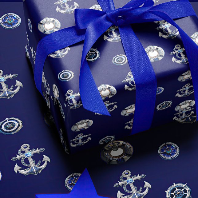 Papier Cadeau Marine de luxe et Pearl Blanc thème nautique (Créateur téléchargé)