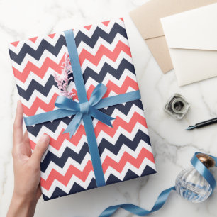 Papier Cadeau Marine et Coral Zigzag Chevron Stripes