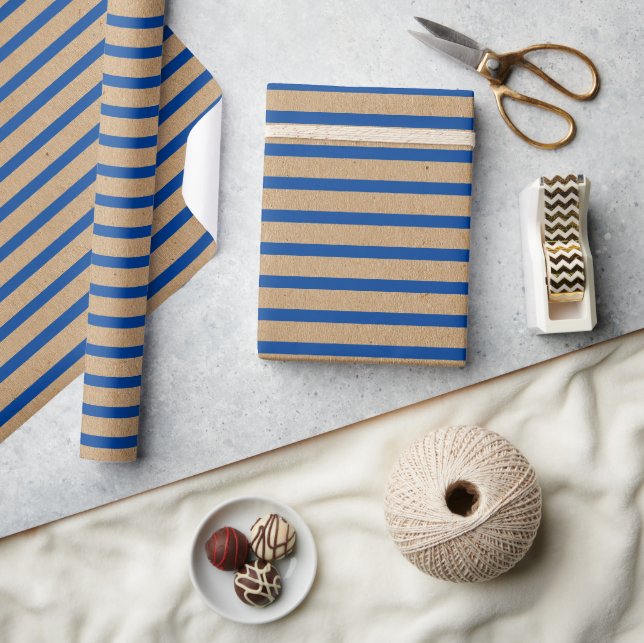 Papier Cadeau Marine Nautique Lignes Bleues Faux Rustique Brown  (Artisanat)