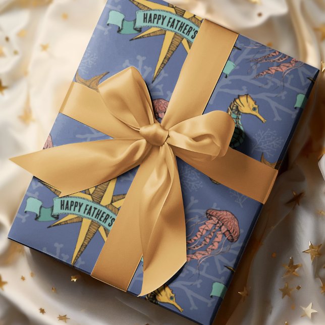 Papier Cadeau Marine Nautique Star Texte Personnalisé Marine (Cool Nautical Hand-drawn Illustration in Black Ink with Beautiful Ocean Life Scene. Custom Text!)