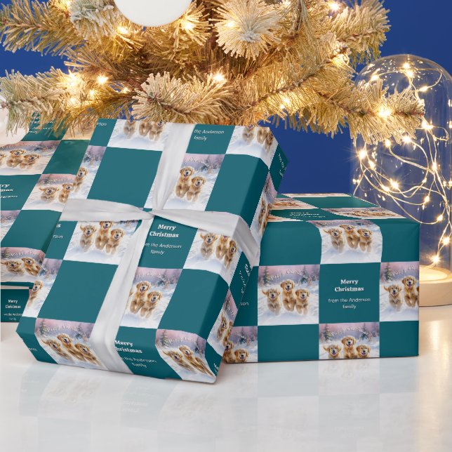 Papier Cadeau Marionnettes Golden Retriever dans neige chiot Noë (Vacances)