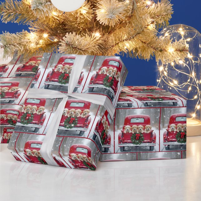 Papier Cadeau Marionnettes Golden Retriever De Noël En Camion Ro (Vacances)