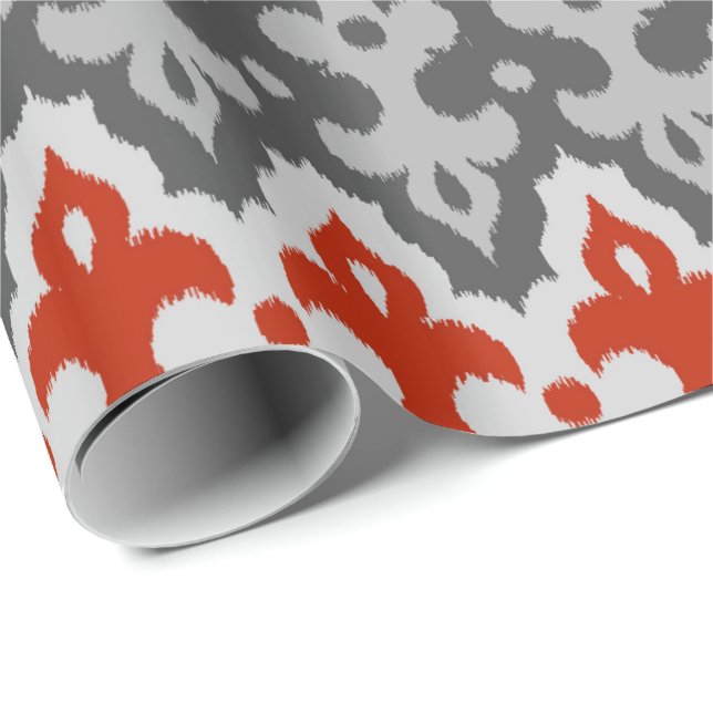 Papier Cadeau Marocain Ikat Damask, Graphite Grey et Rouge (Coin rond)