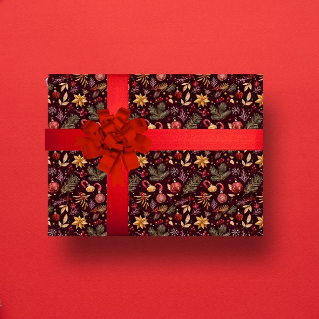 PAPIER CADEAU MAROON CHRISTMAS DÉCORATION BOTENIQUE FESTIVE (MAROON CHRISTMAS FESTIVE BOTENICAL DECORATION WRAPPING PAPER)