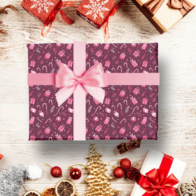 PAPIER CADEAU MAROON CHRISTMAS DÉCORATION FESTIVE CANDY (MAROON CHRISTMAS FESTIVE CANDY DECORATION WRAPPING PAPER)