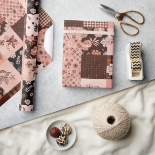 Papier Cadeau Marron Rose Patchwork Floral Cottagecore Gingham