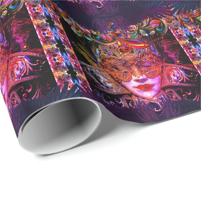 Papier Cadeau Mascarade boule masque beauté gothique violet noir (Coin rond)