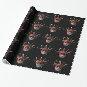 Papier Cadeau MASQUE JESTER ROUGE NOIR, Fête Mascarade