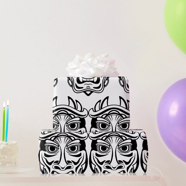 Papier Cadeau Masque Oni Japonais Art Tribal Démon Line (Créateur téléchargé)