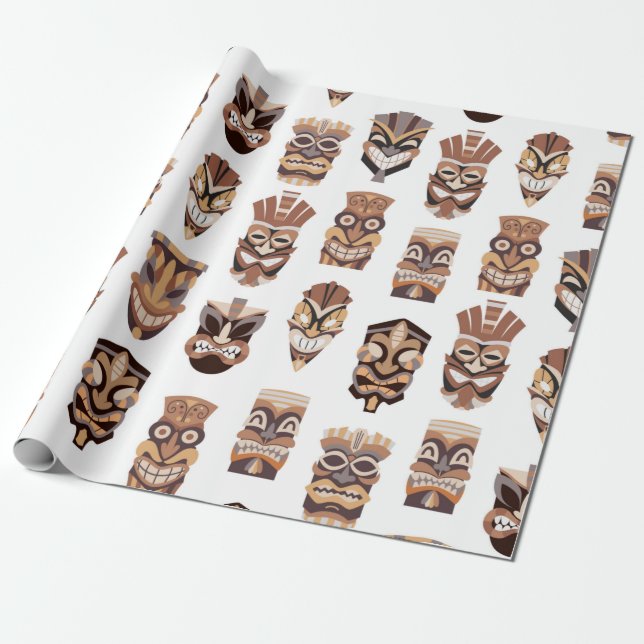 Papier Cadeau Masque tribal tiki avec motif en bois (Déroulé)