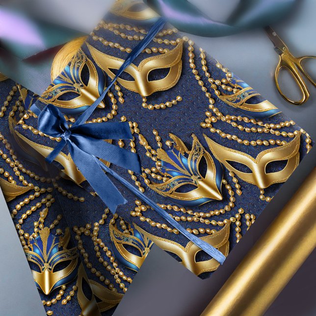 Papier Cadeau Masquerade Motif perles Masques Blue Gold ID1031 (Créateur téléchargé)