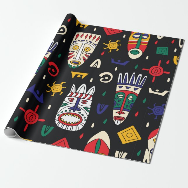 Papier Cadeau Masques tribaux africains motifs sans couture (Déroulé)