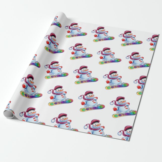 Papier Cadeau Matte de bonhomme de neige de snowboarding (Déroulé)
