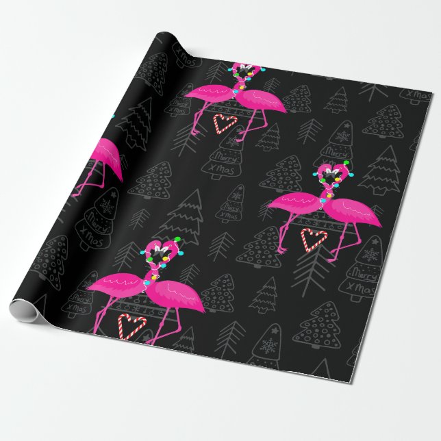 Papier Cadeau mauvais coeur de bonbons flamingo de noël (Déroulé)