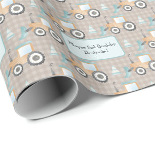 Papier Cadeau Mauve En vichy Plaid Construction Digger Nom du te