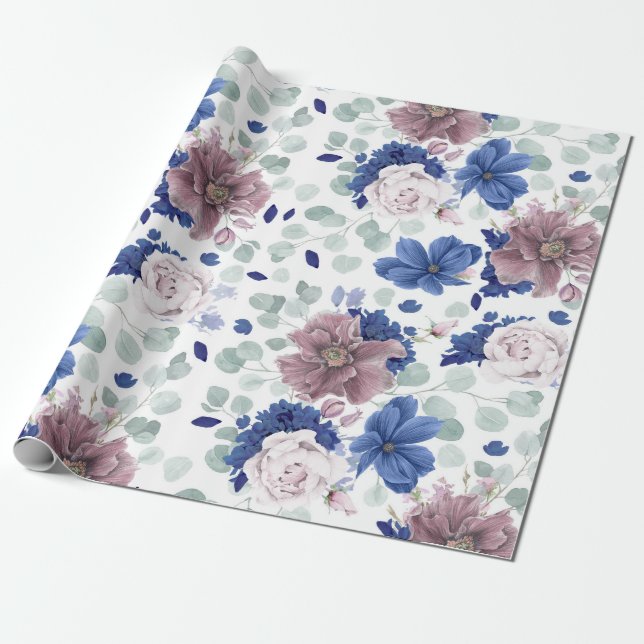Papier Cadeau Mauve et Marine Bleu Botanique Floral Élégant (Déroulé)