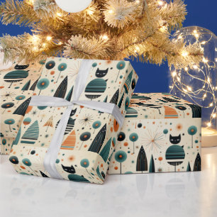 Papier Cadeau MCM Funky Black Cats Arbres Fleurs Étoiles