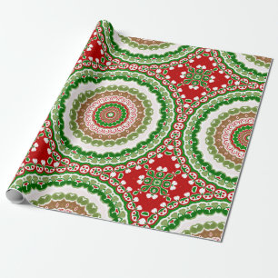 Papier Cadeau Médaille Mandala de Noël rouge et vert