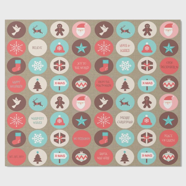 Papier Cadeau Médaillons de Noël modernes Texte personnalisé (Plat)