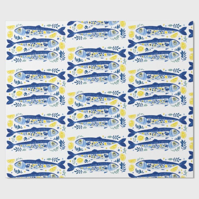 Papier Cadeau Mediterranean Summer Blue and Yellow Sardines (Plat)