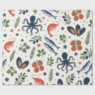 Papier Cadeau Méditerranée Fruits de Mer, Crevettes et Pieuvres