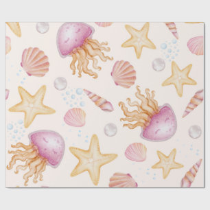Papier Cadeau Méduse rose aquarelle et étoile de mer dorée 