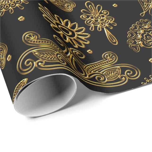 Papier Cadeau Mehndi noir et or (Coin rond)