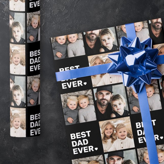 Papier Cadeau Meilleur papa jamais photo coeur fête des pères no (Best dad ever photo heart fathers day black white wrapping paper)