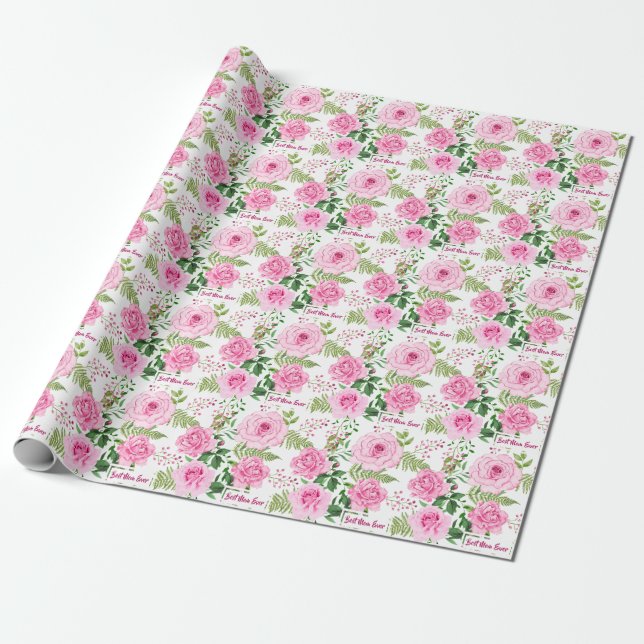 Papier Cadeau Meilleure maman jamais rose Aquarelle Roses (Déroulé)
