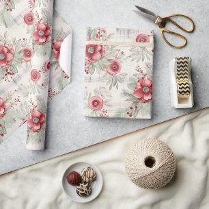 Papier Cadeau Mélange de fleurs à baies à carreaux vintage shabb