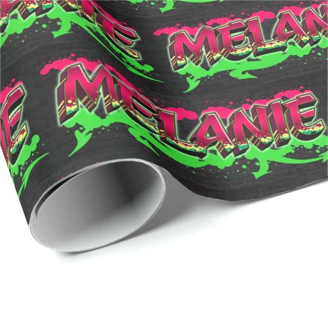 Papier Cadeau Mélanie prénom Graffiti red green (Coin rond)