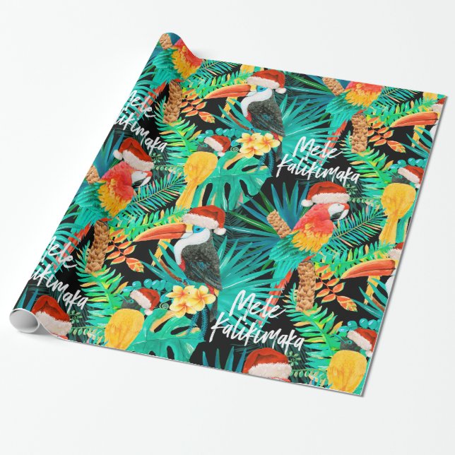 Papier Cadeau Mele Kalikimaka Oiseaux de la jungle tropicale (Déroulé)