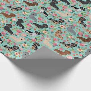 Papier Cadeau menthe à fleurs vintages de dachshund